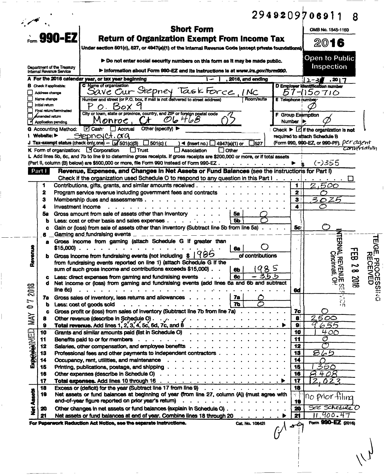 Image of first page of 2017 Form 990EZ for Save Our Stepney Task Force Incorporated