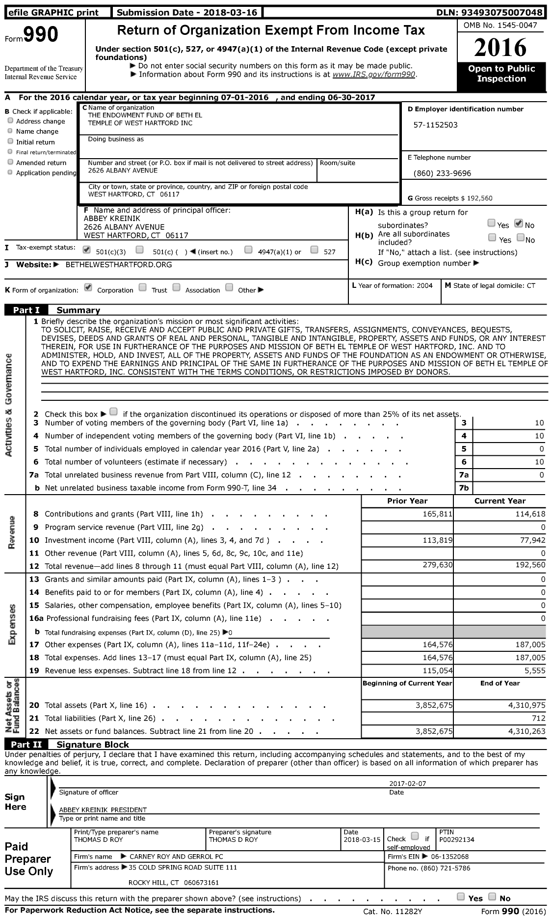 Image of first page of 2016 Form 990 for The Endowment Fund of Beth El Temple of West Hartford