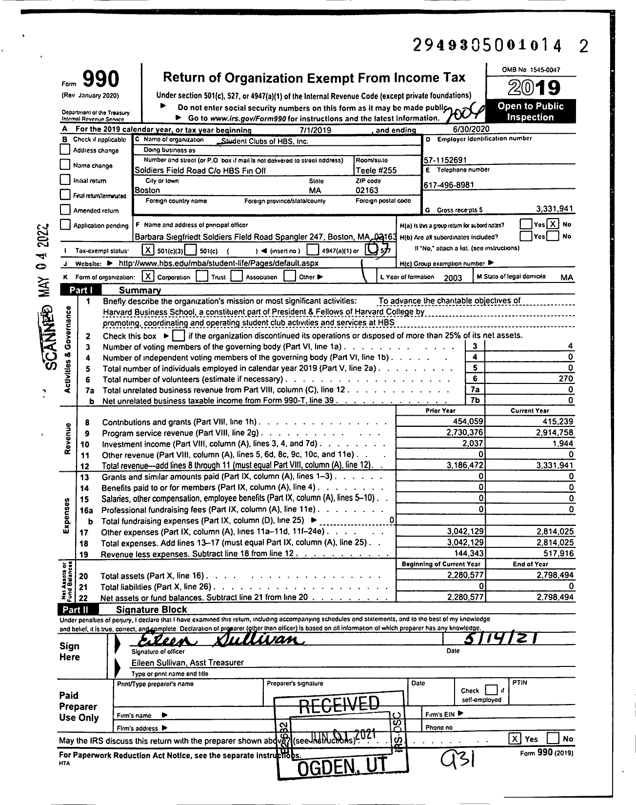 Image of first page of 2019 Form 990 for Student Clubs of HBS