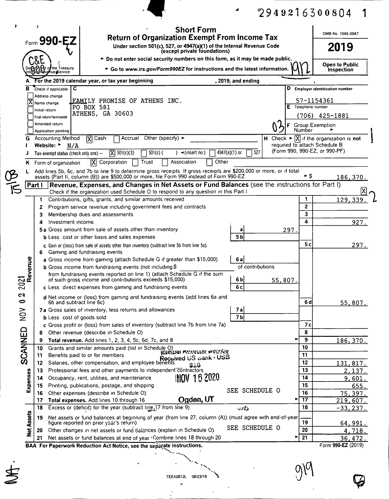 Image of first page of 2019 Form 990EZ for Family Promise of Athens