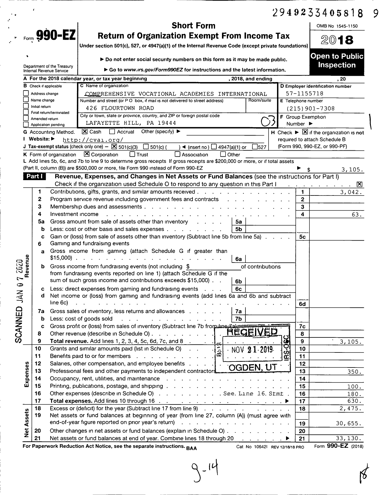 Image of first page of 2018 Form 990EZ for Comprehensive Vocational Academies International