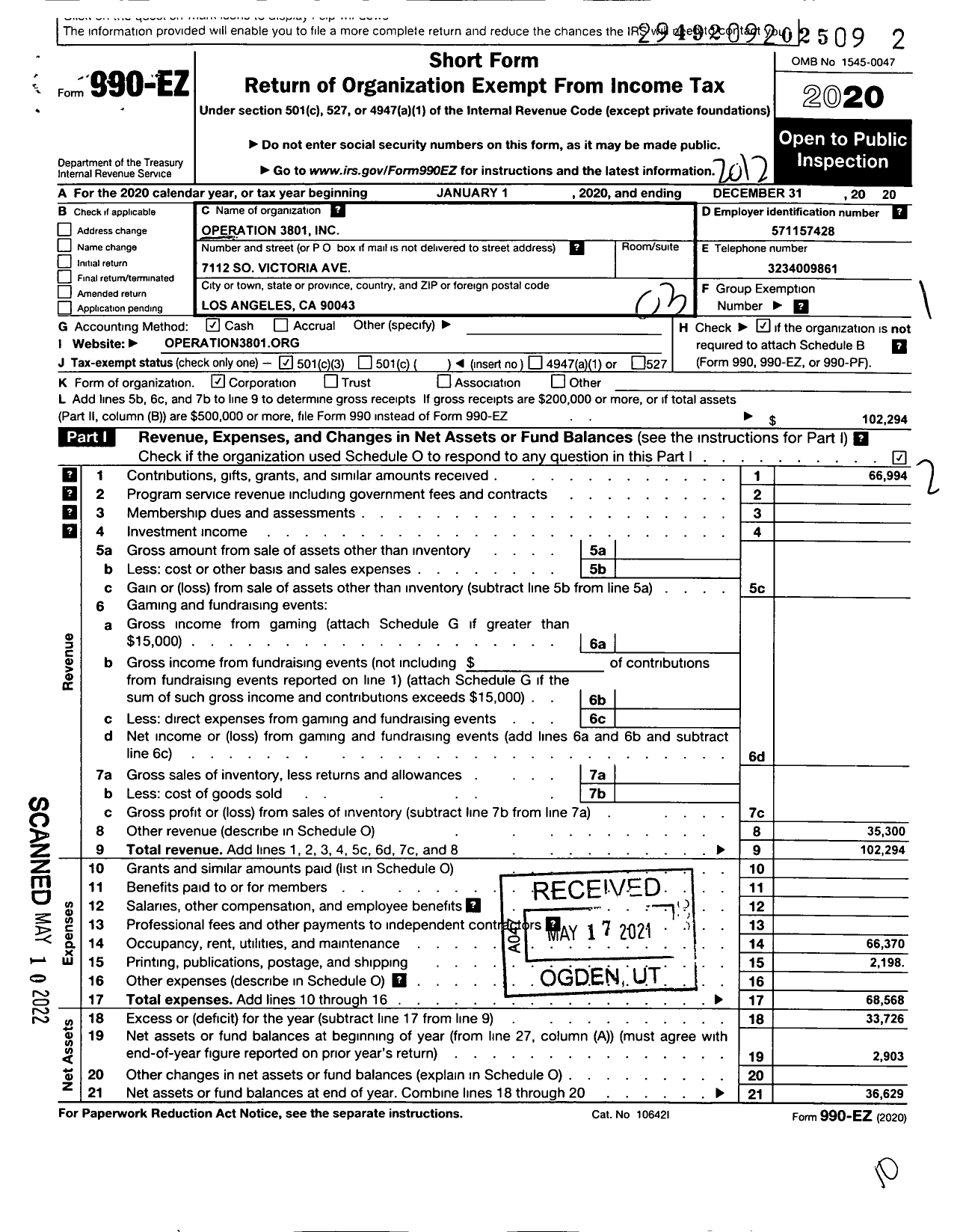 Image of first page of 2020 Form 990EZ for Operation 3801