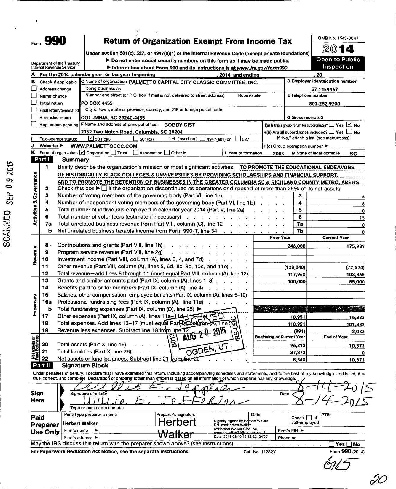 Image of first page of 2014 Form 990 for Palmetto Capital City Classic Committee