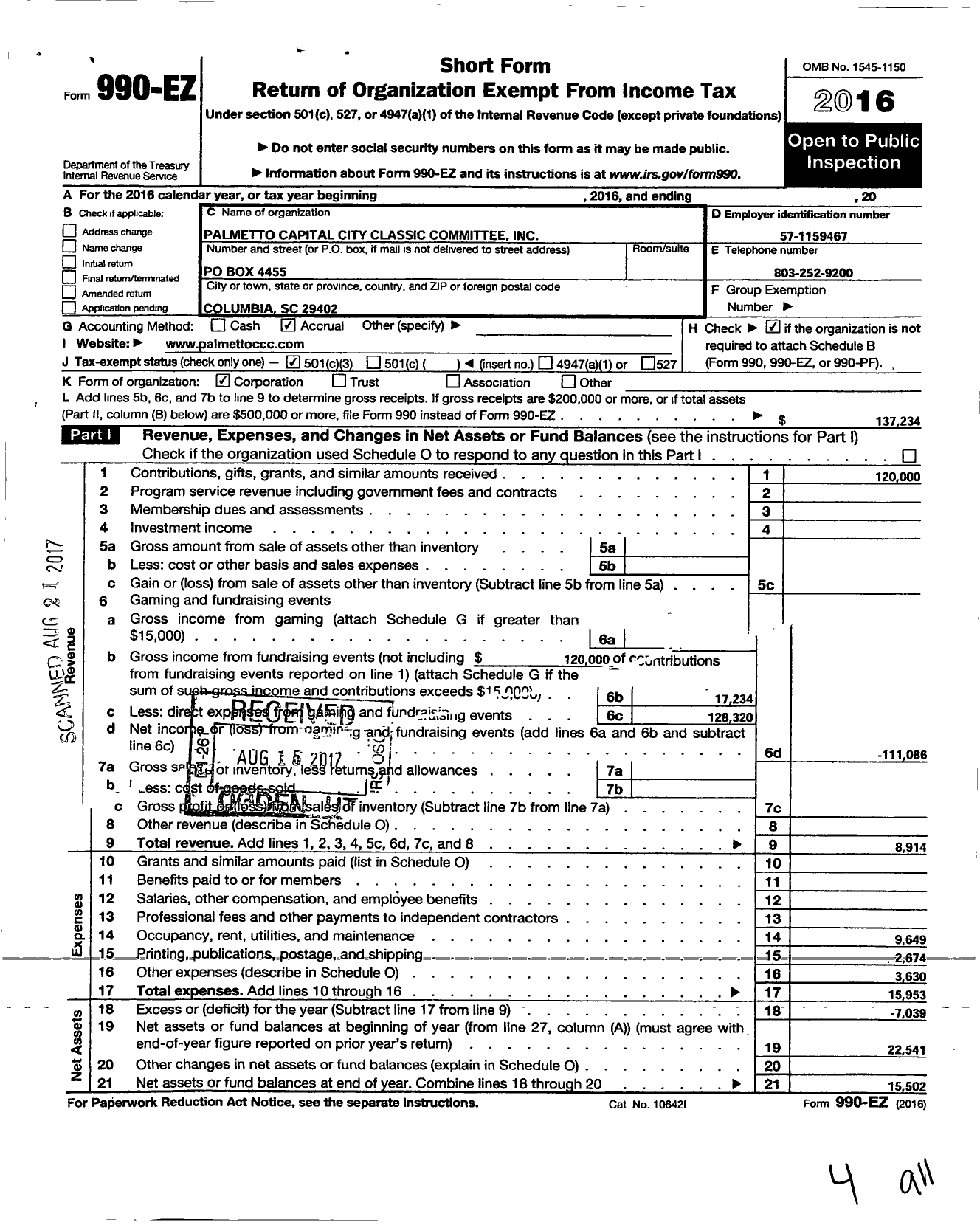 Image of first page of 2016 Form 990EZ for Palmetto Capital City Classic Committee