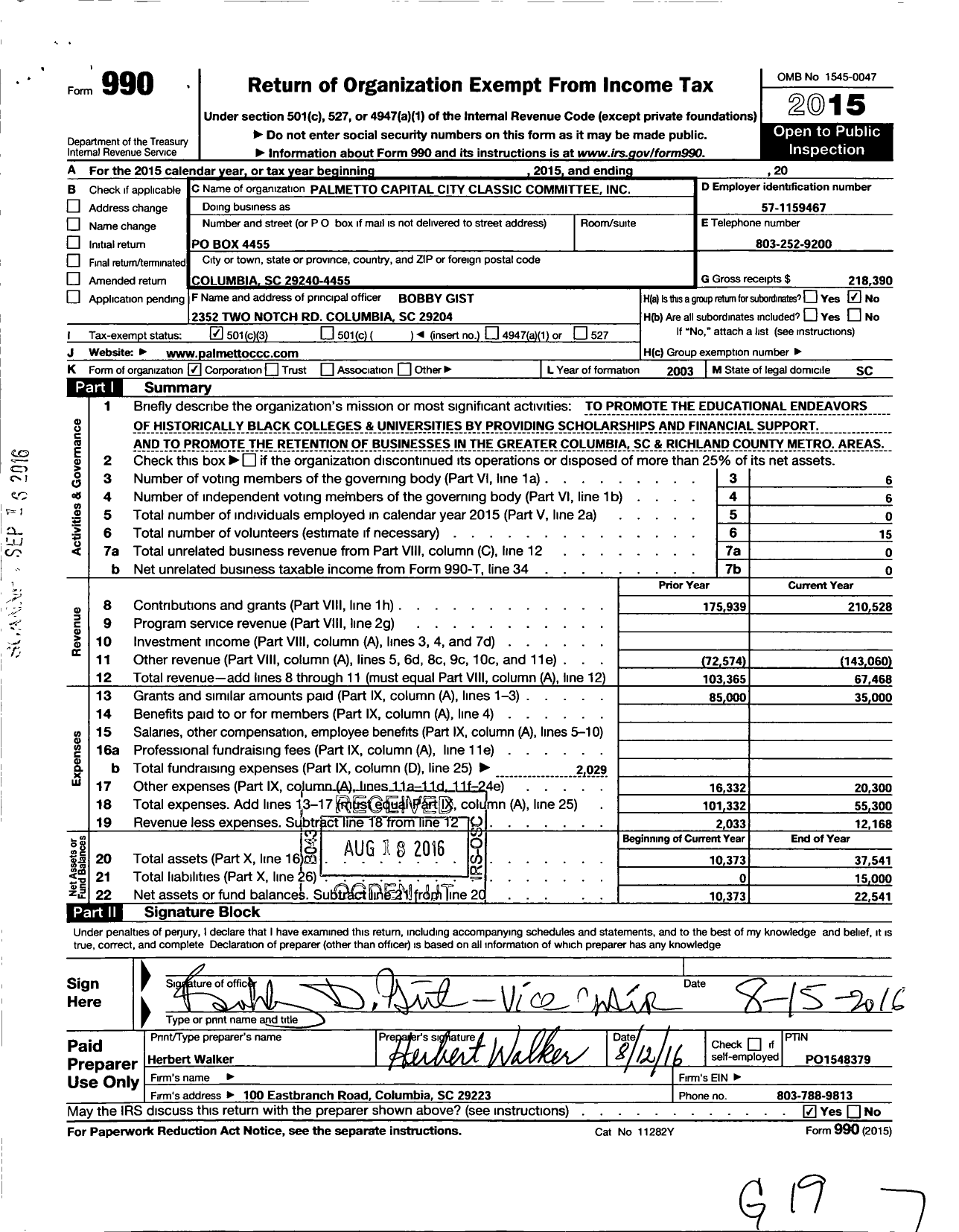 Image of first page of 2015 Form 990 for Palmetto Capital City Classic Committee