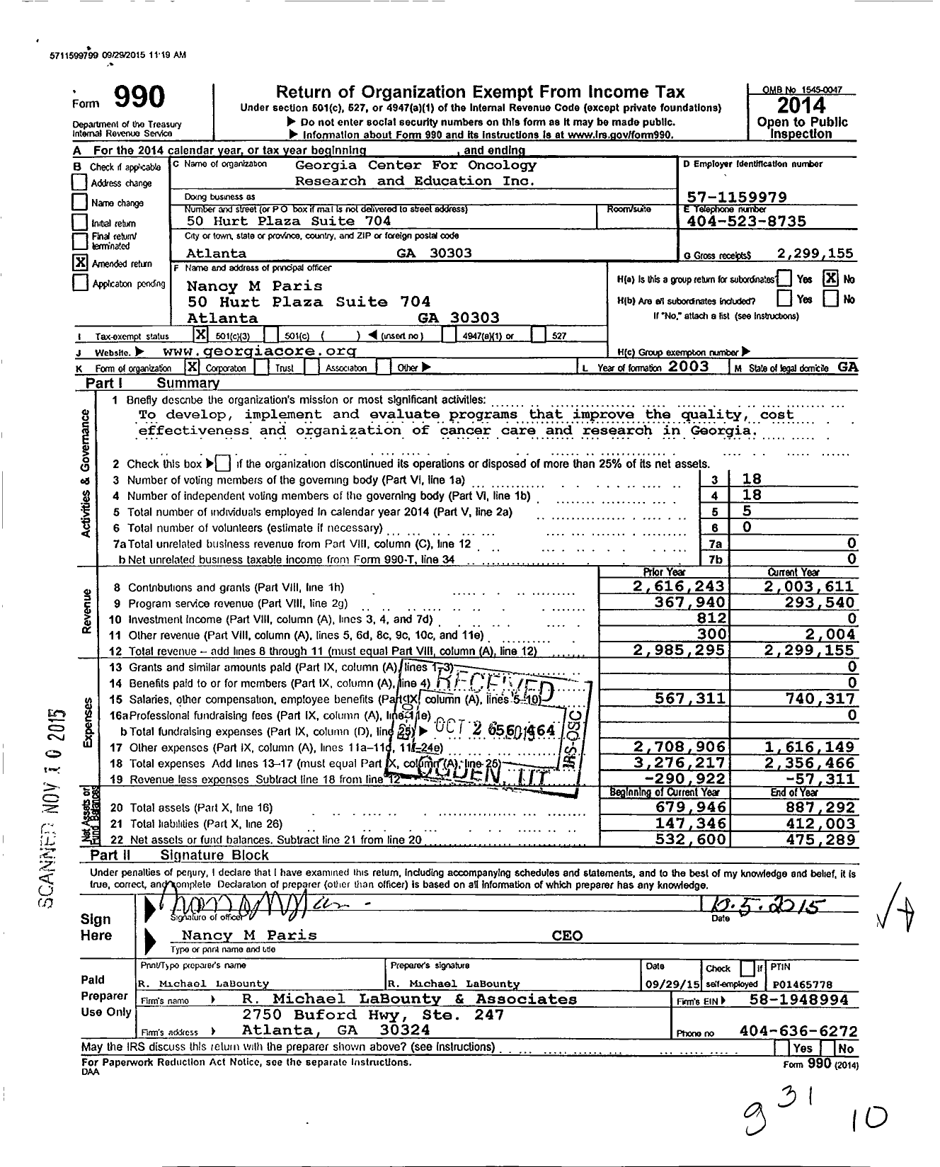 Image of first page of 2014 Form 990 for Georgia Center for Oncology Research and Education
