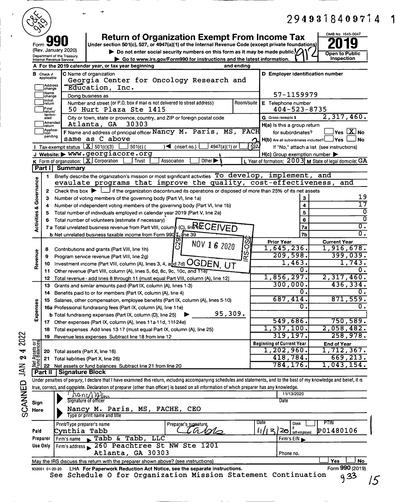 Image of first page of 2019 Form 990 for Georgia Center for Oncology Research and Education