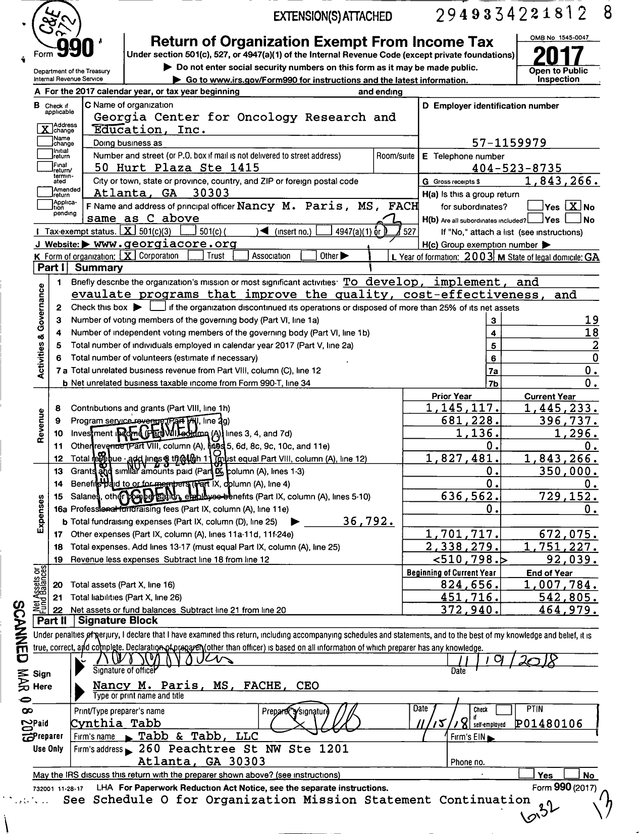 Image of first page of 2017 Form 990 for Georgia Center for Oncology Research and Education
