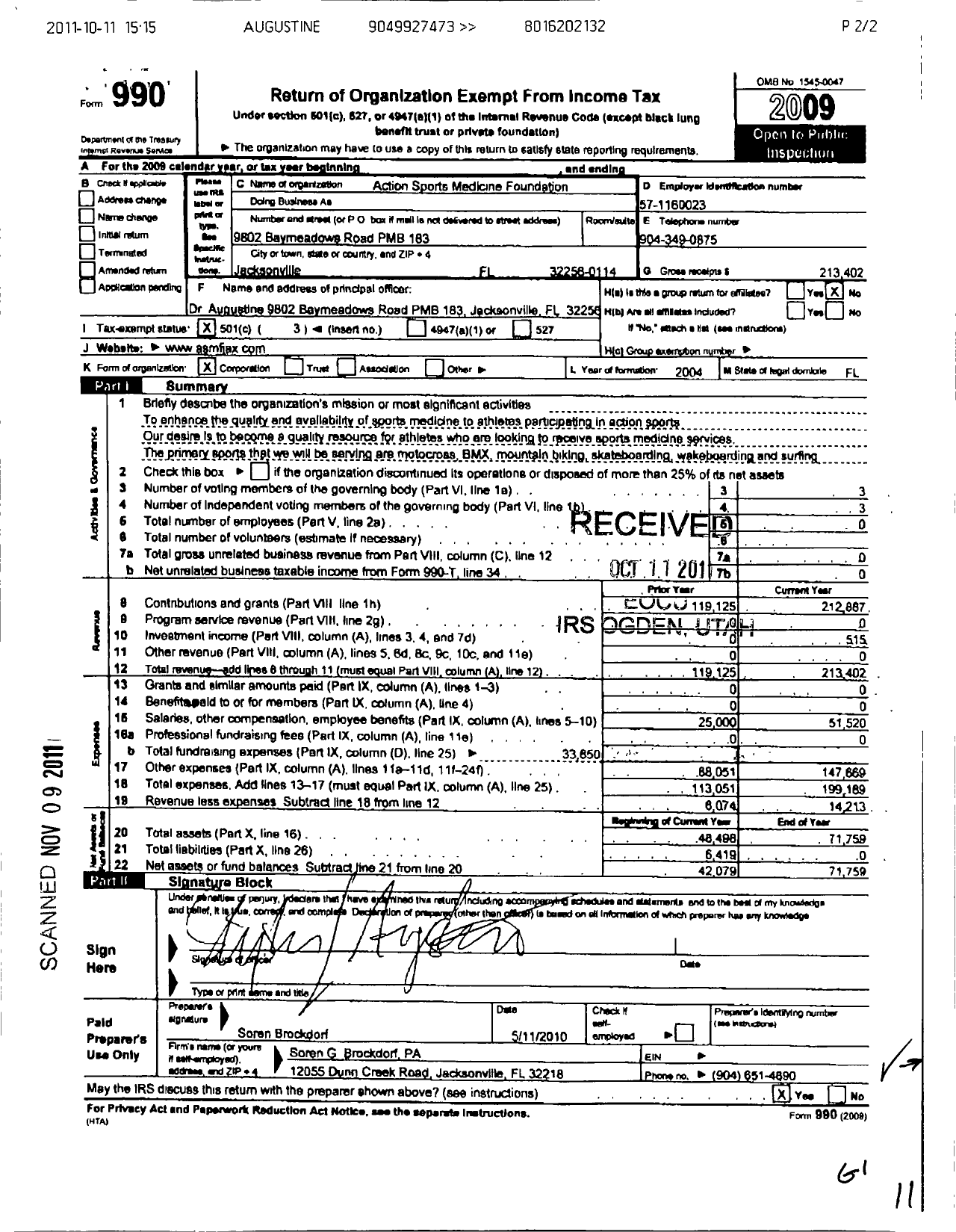 Image of first page of 2009 Form 990 for Action Sports Medicine Foundation QBO