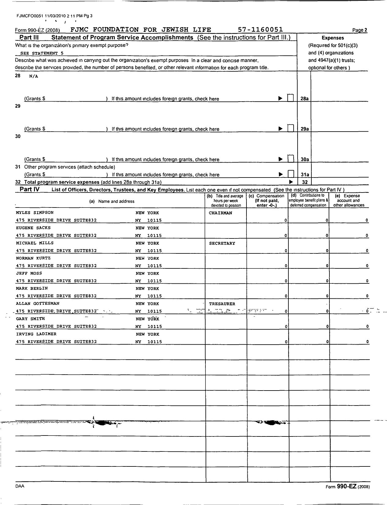 Image of first page of 2008 Form 990EOR for FJMC Foundation for Jewish Life