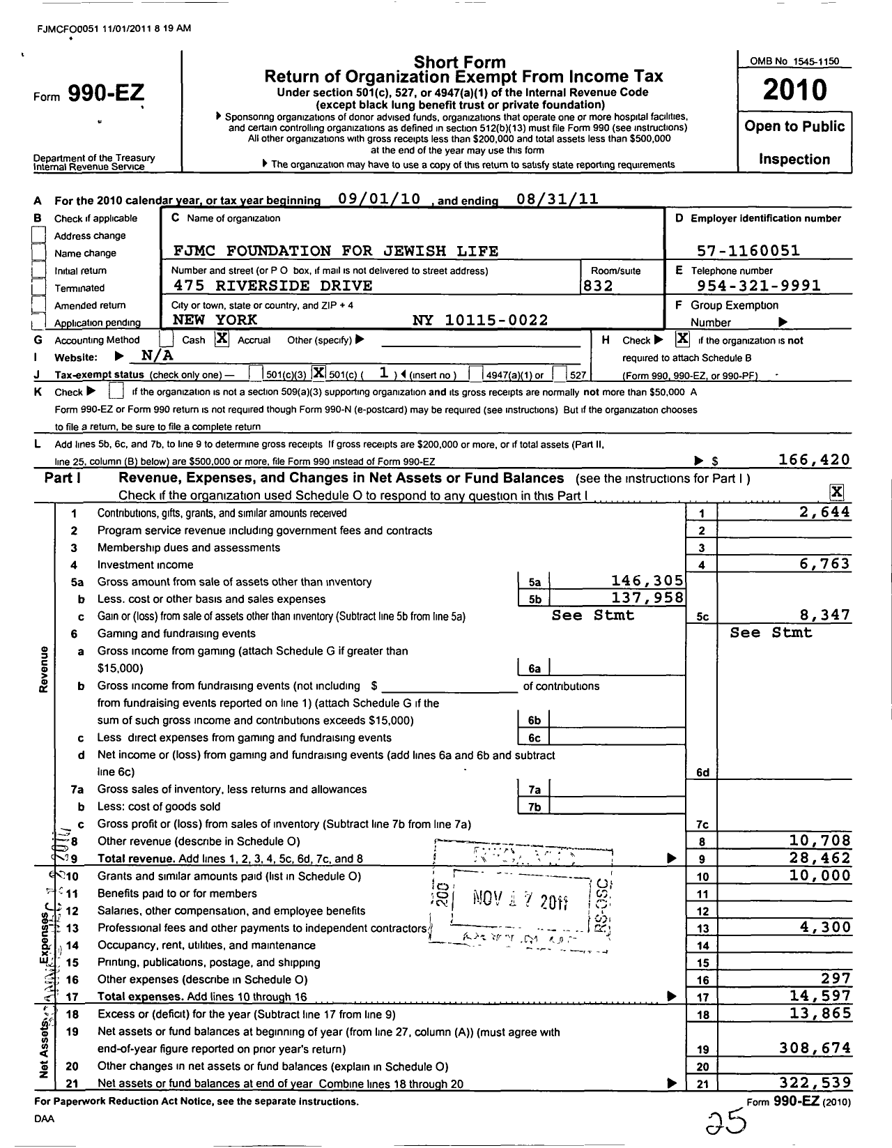 Image of first page of 2010 Form 990EO for FJMC Foundation for Jewish Life