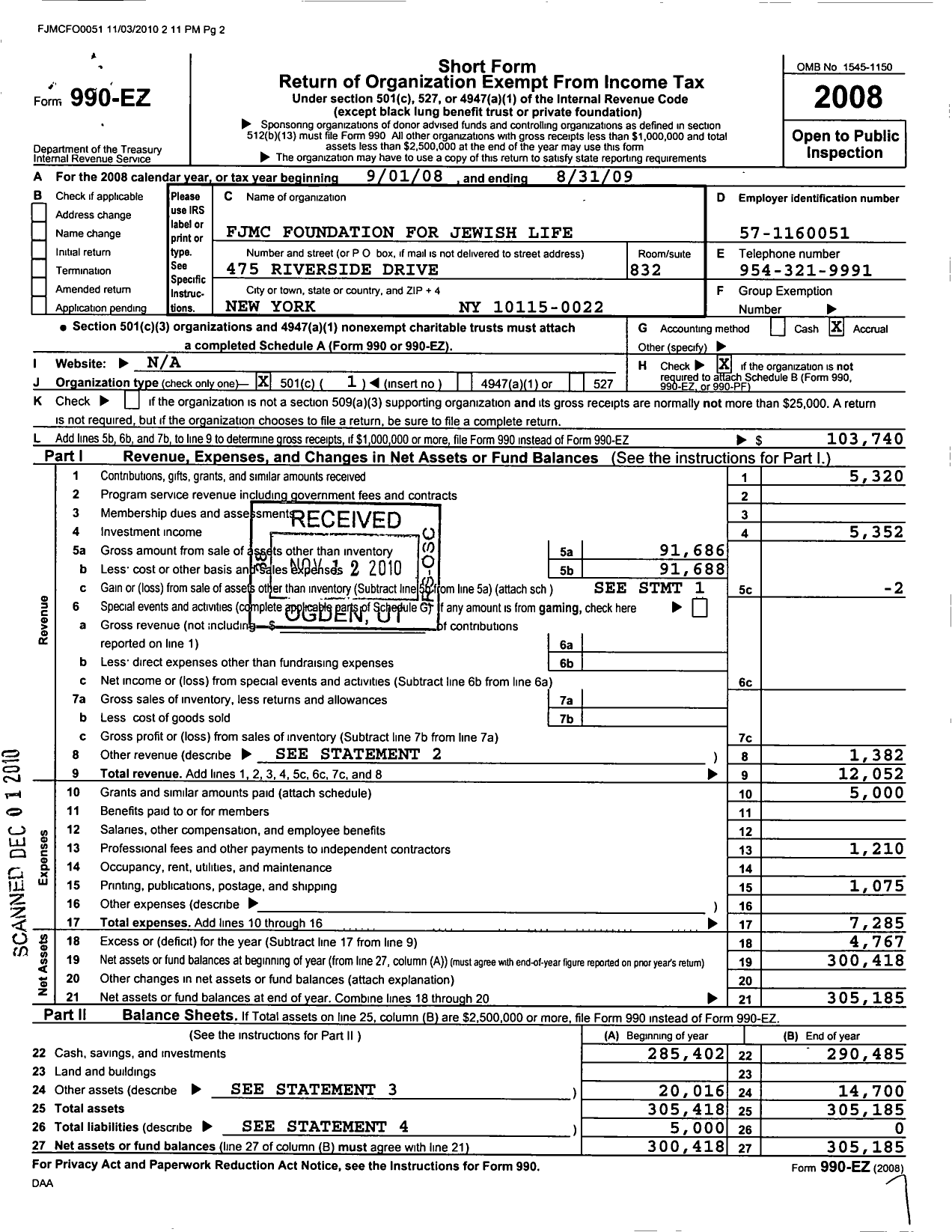 Image of first page of 2008 Form 990EO for FJMC Foundation for Jewish Life