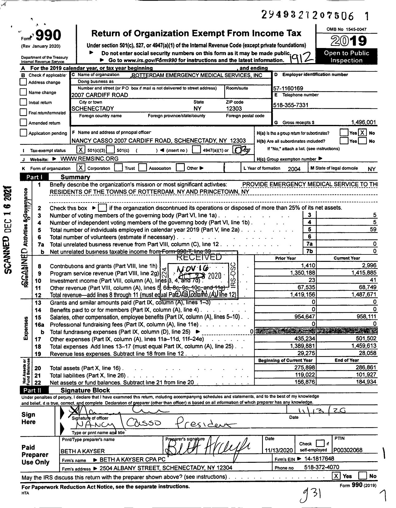 Image of first page of 2019 Form 990 for Rotterdam Emergency Medical Services