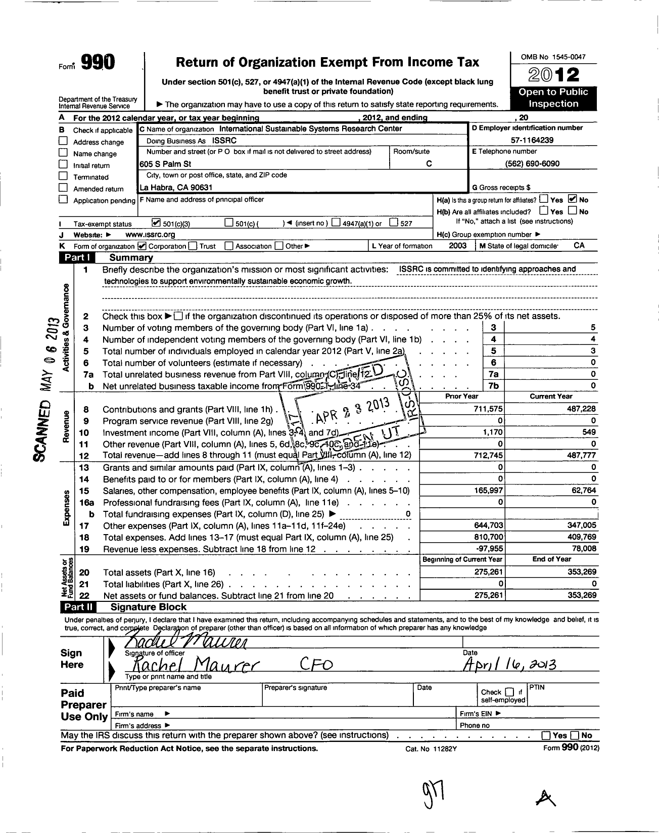 Image of first page of 2012 Form 990 for International Sustainable Systems Research Center (ISSRCR)