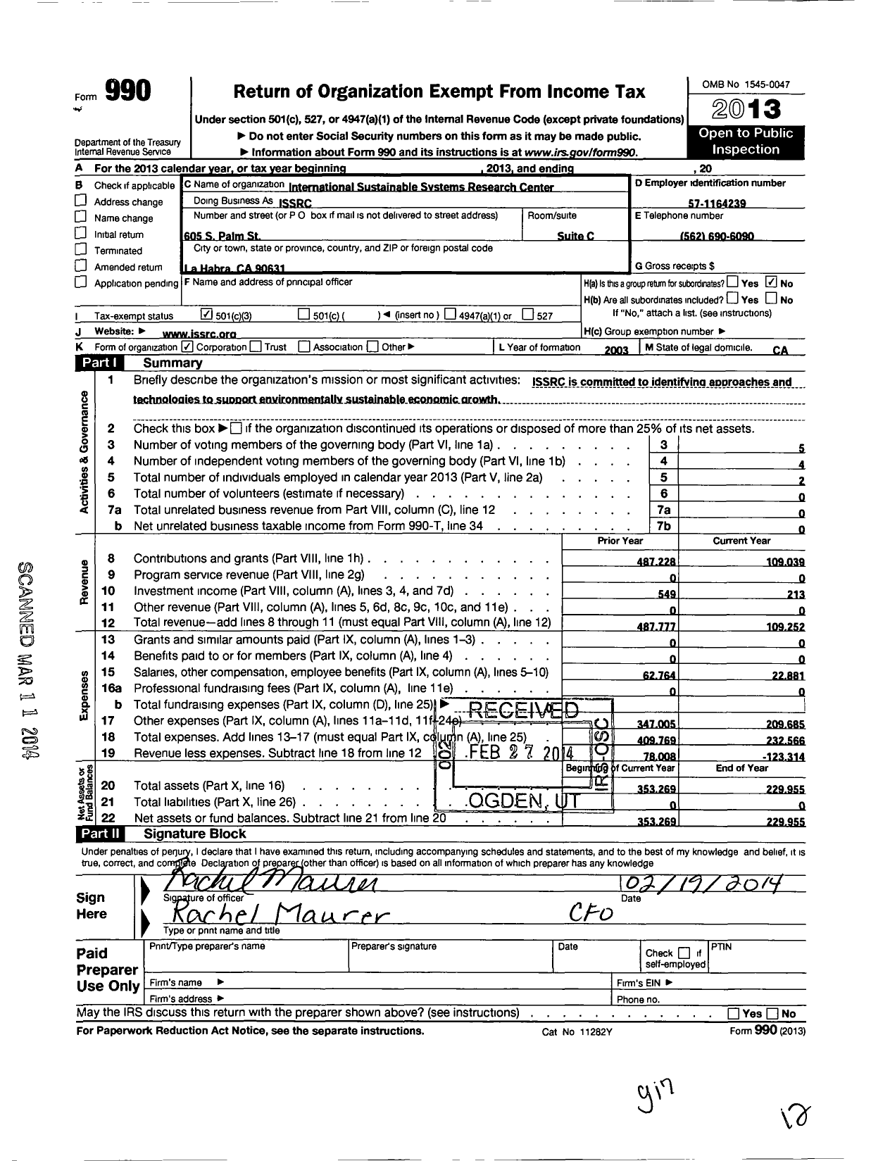 Image of first page of 2013 Form 990 for International Sustainable Systems Research Center (ISSRCR)