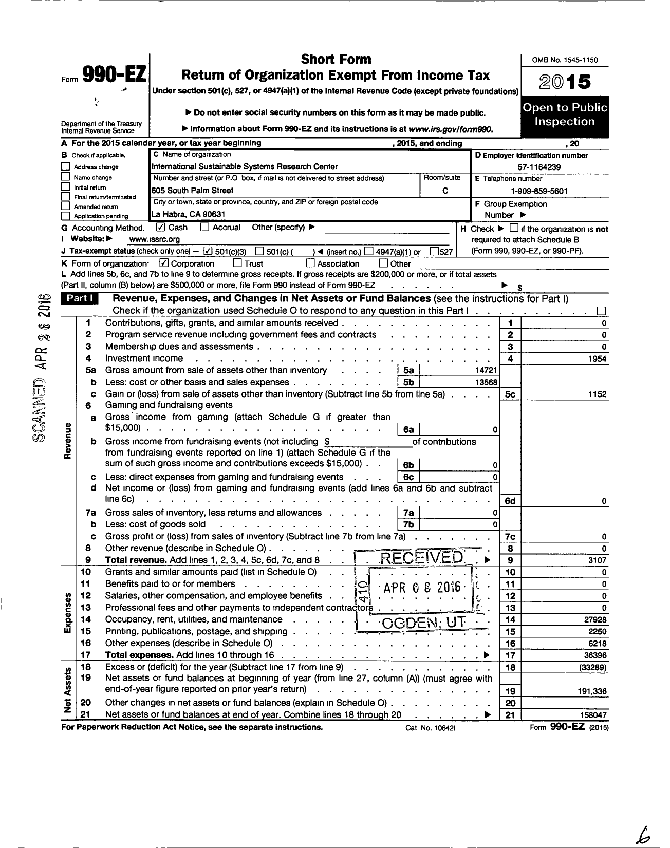 Image of first page of 2015 Form 990EZ for International Sustainable Systems Research Center (ISSRCR)