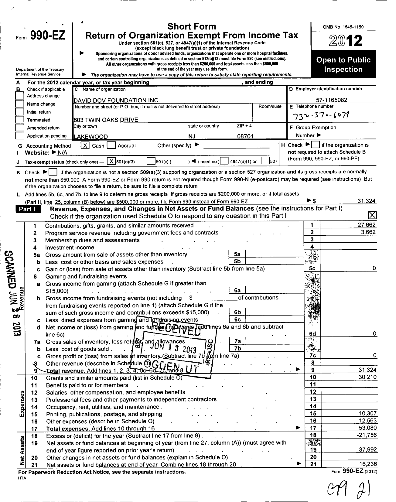 Image of first page of 2012 Form 990EZ for David Dov Foundation