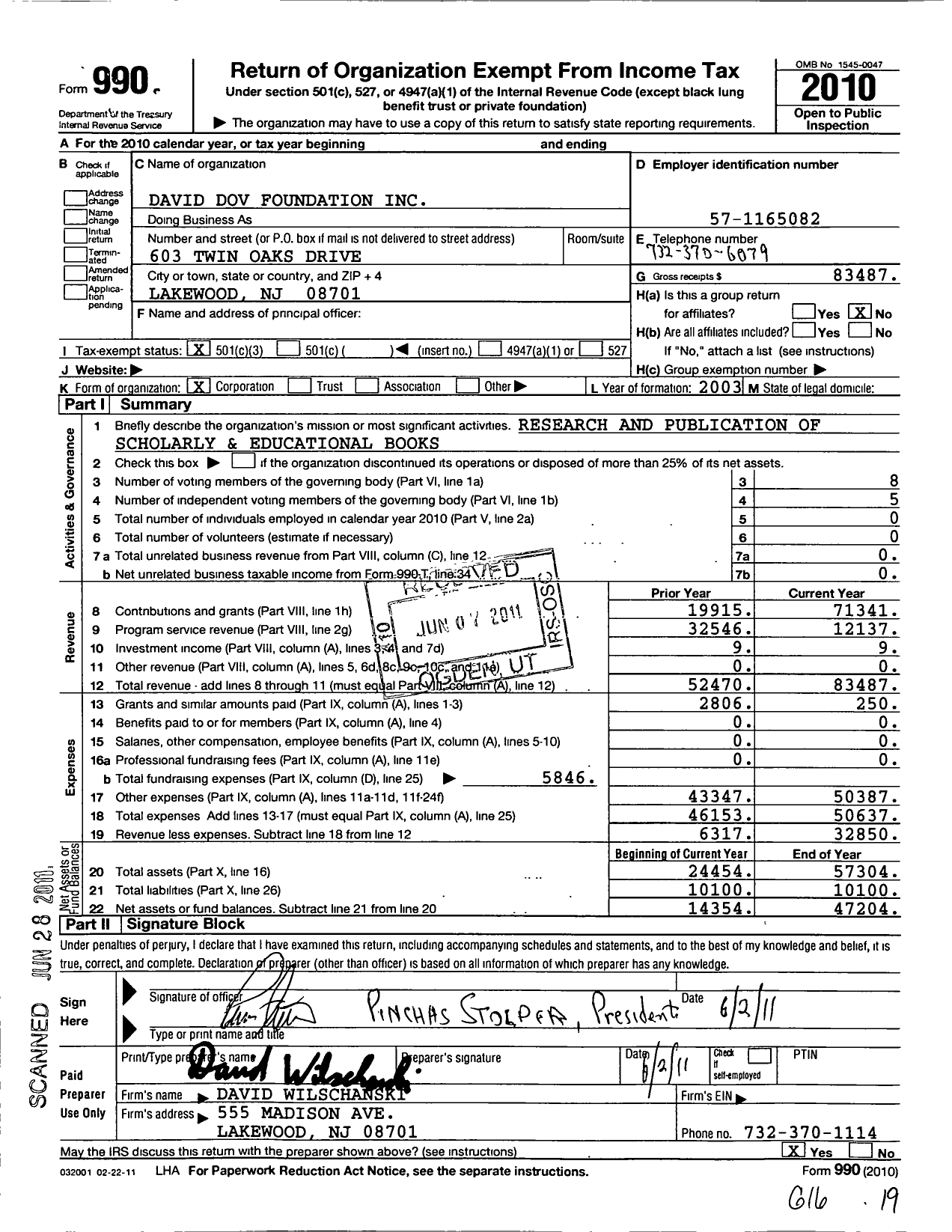 Image of first page of 2010 Form 990 for David Dov Foundation