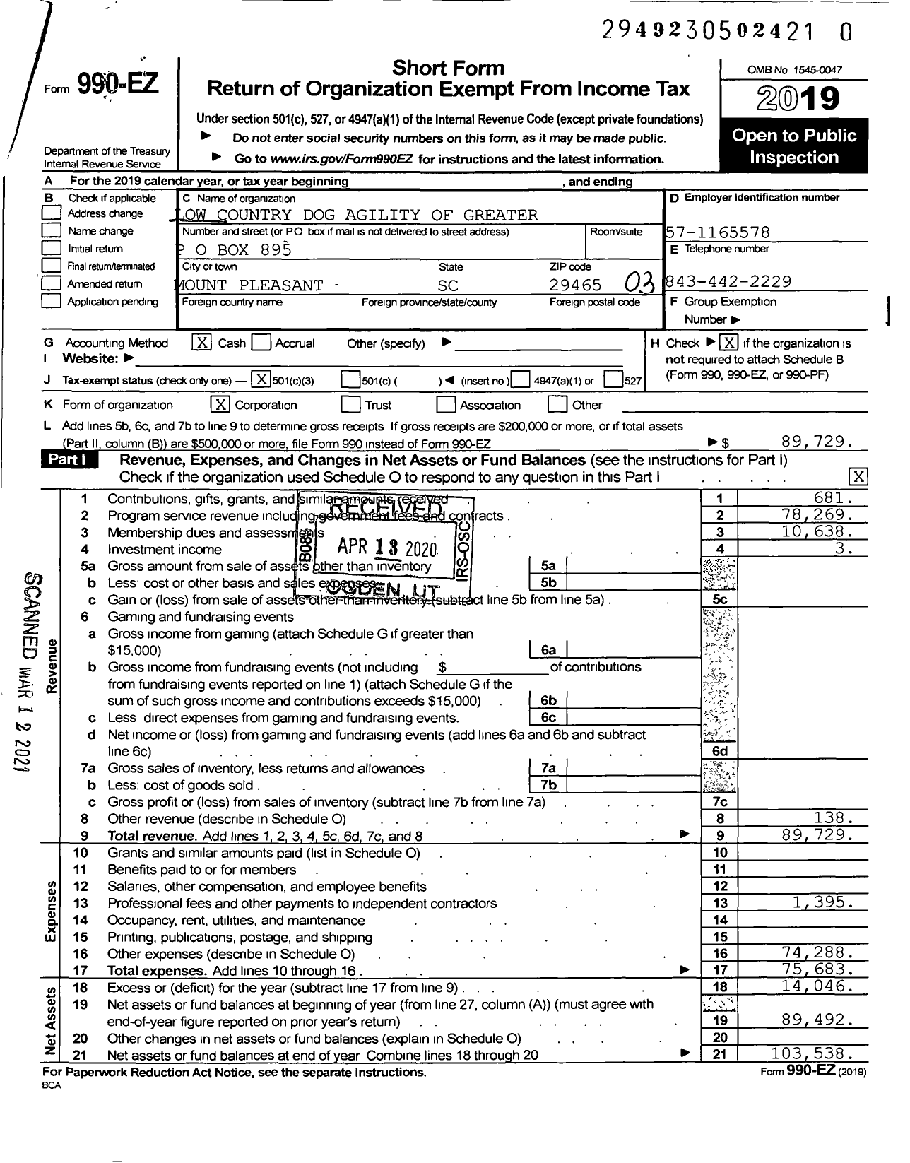 Image of first page of 2019 Form 990EZ for Low Country Dog Agility of Greater Charleston SC