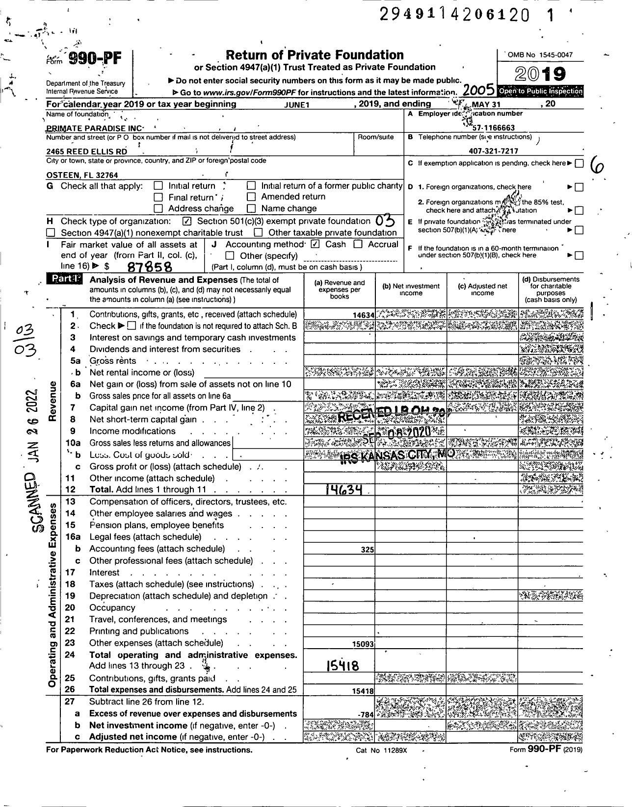 Image of first page of 2019 Form 990PF for Primate Paradise