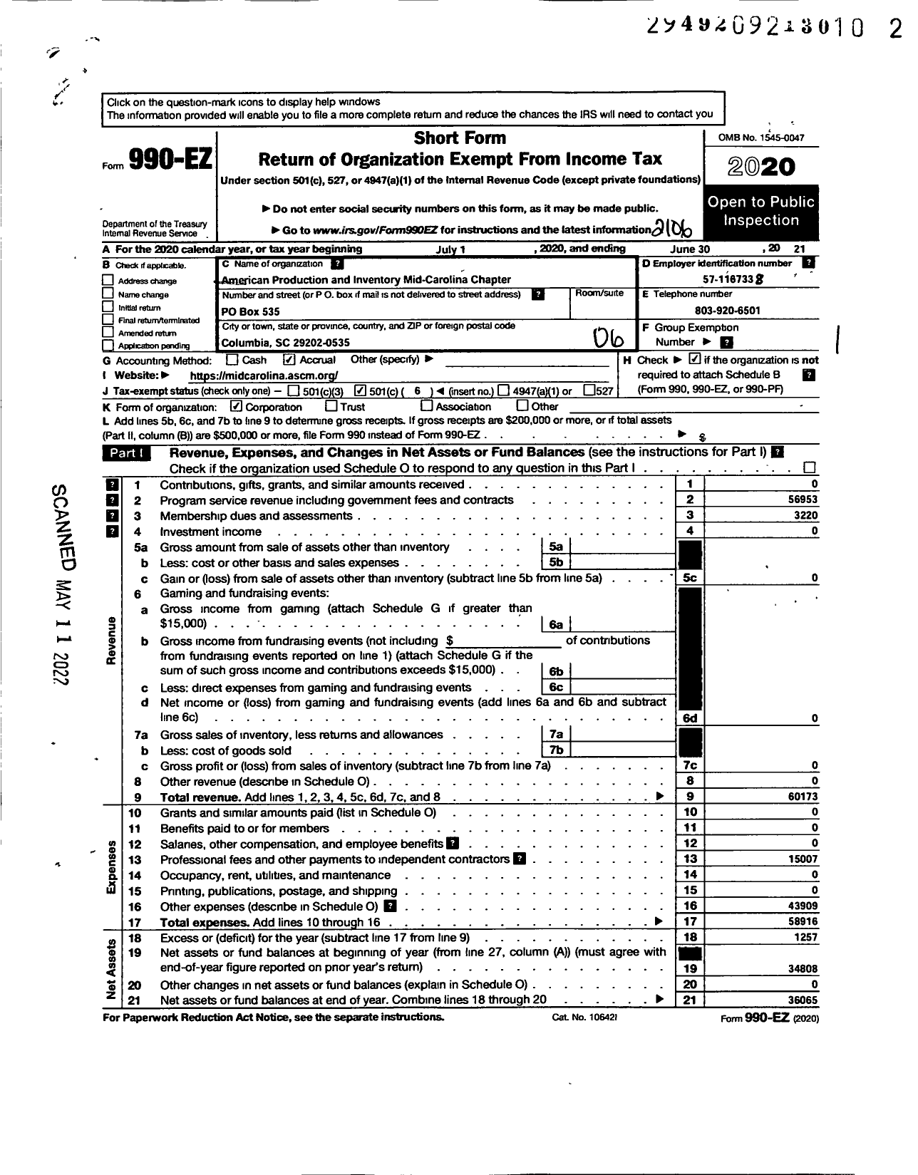 Image of first page of 2020 Form 990EO for American Production and Inventory Control Society / Mid-Carolina Chapter