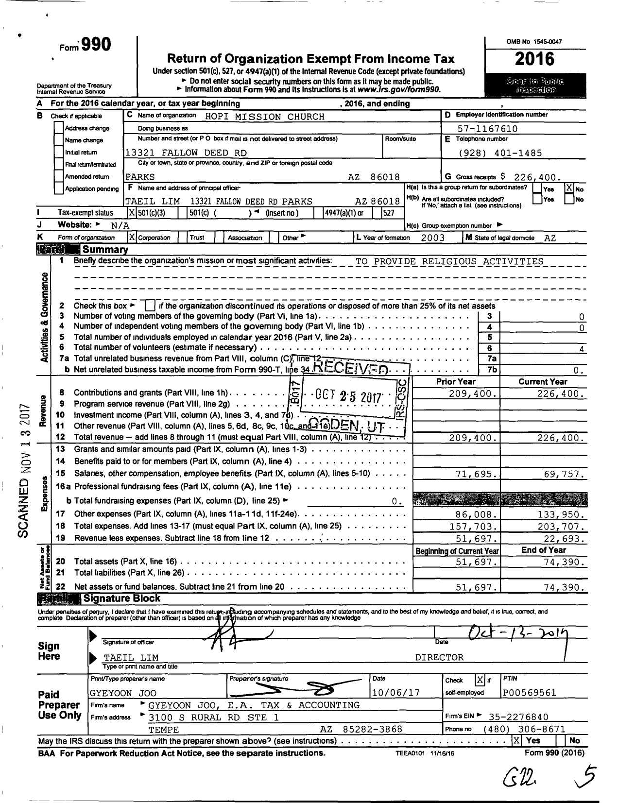 Image of first page of 2016 Form 990 for Hopi Mission Church