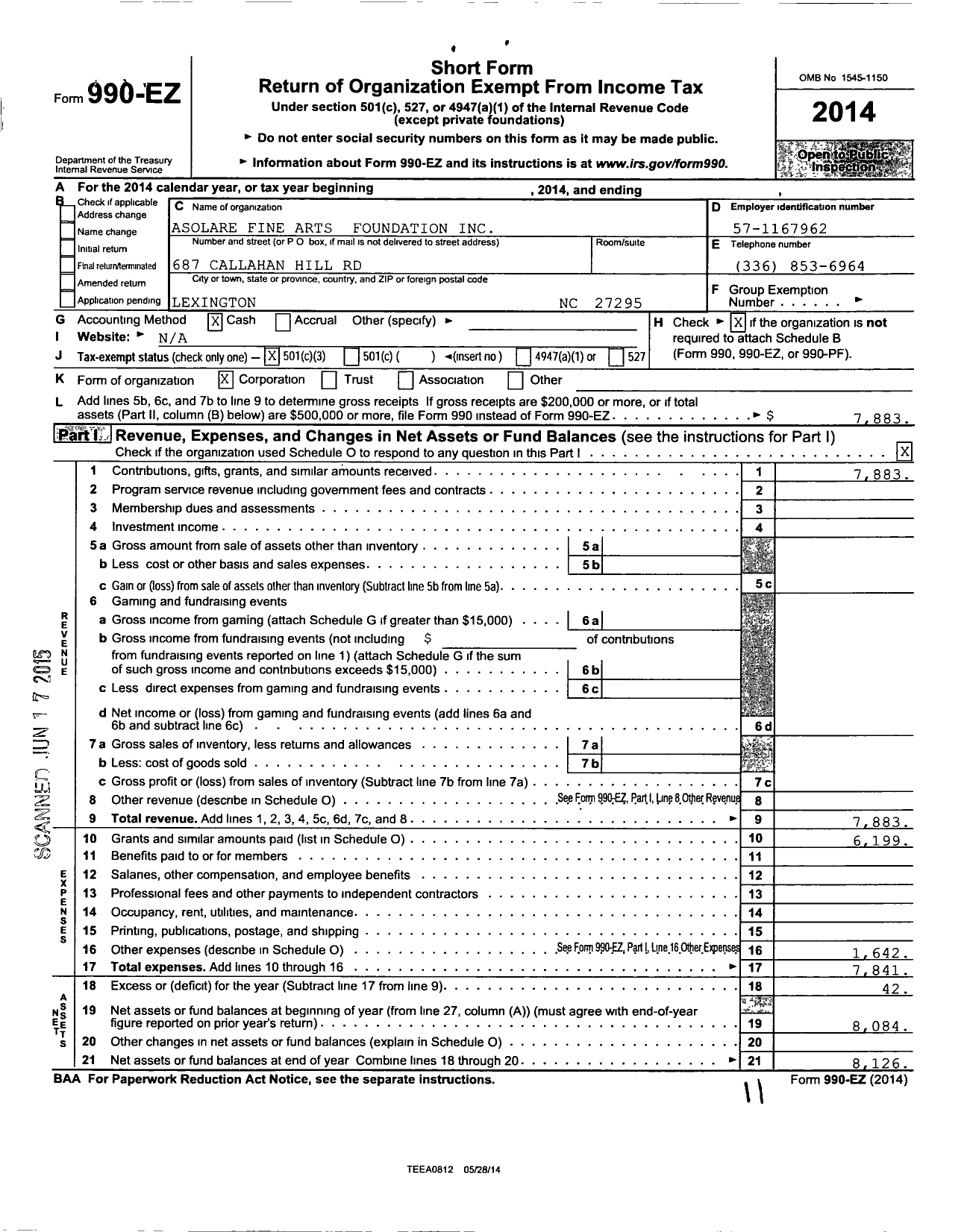 Image of first page of 2014 Form 990EZ for Asolare Fine Arts Foundation