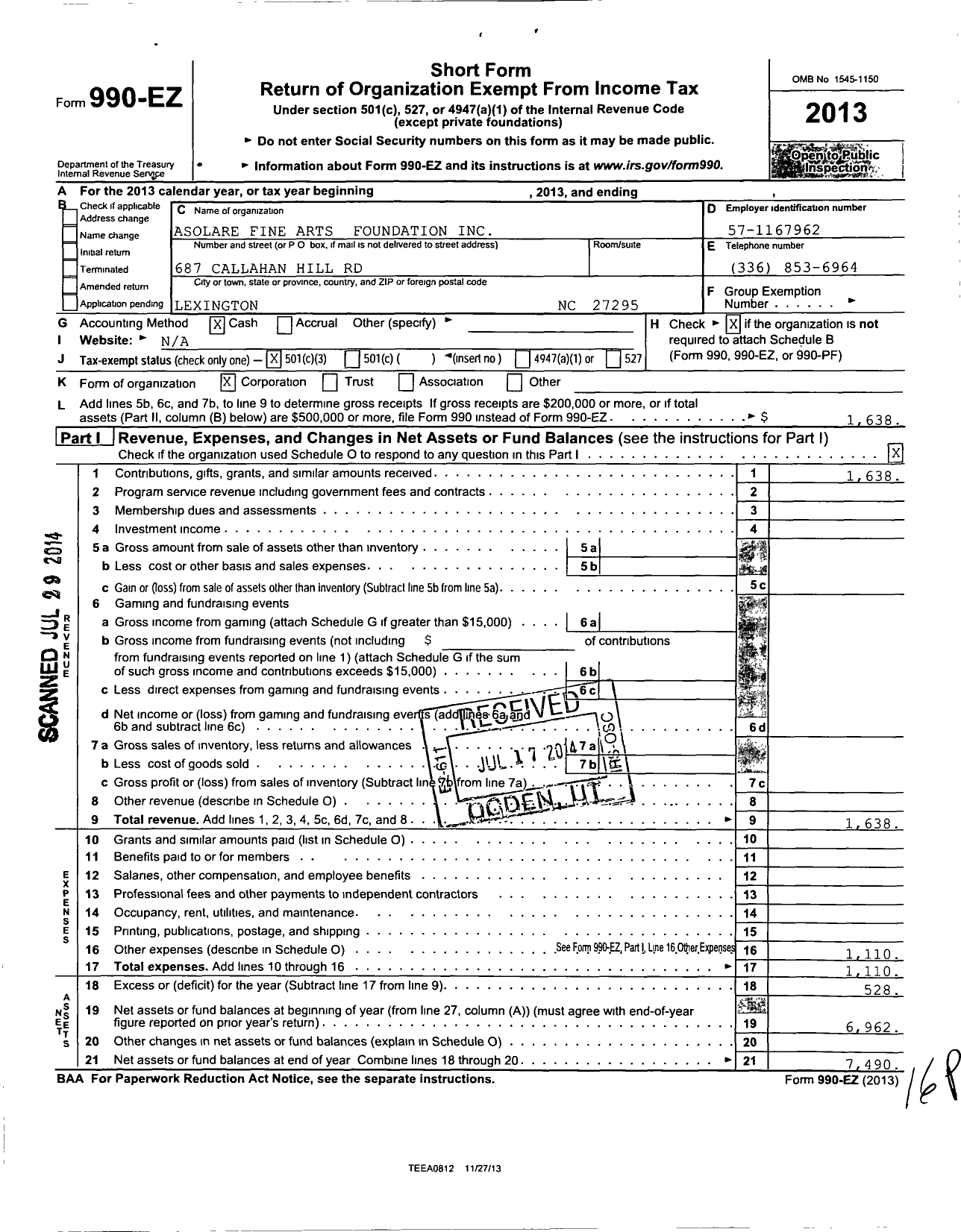 Image of first page of 2013 Form 990EZ for Asolare Fine Arts Foundation