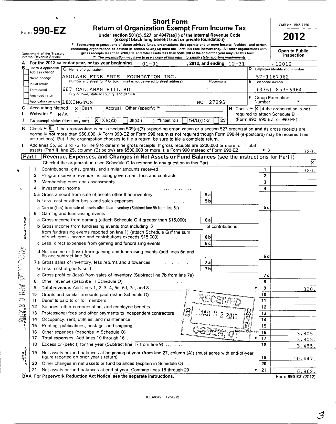 Image of first page of 2012 Form 990EZ for Asolare Fine Arts Foundation