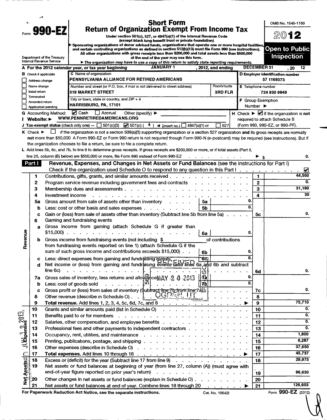 Image of first page of 2012 Form 990EO for Pennsylvania Alliance for Retired Americans