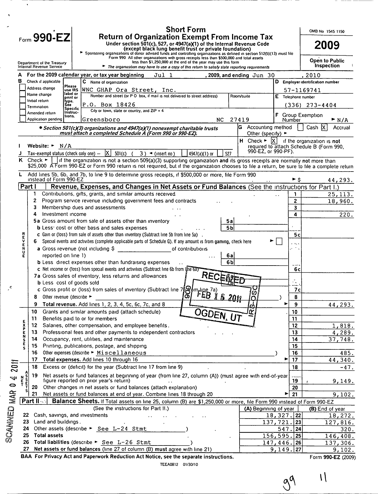 Image of first page of 2009 Form 990EZ for WNC GHAP Ora Street