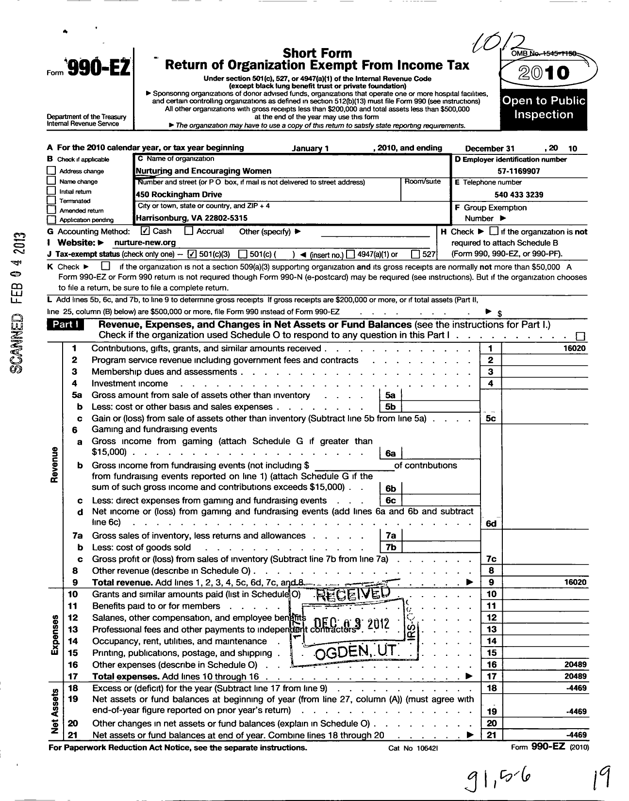 Image of first page of 2010 Form 990EZ for Nurturing and Encouraging Women