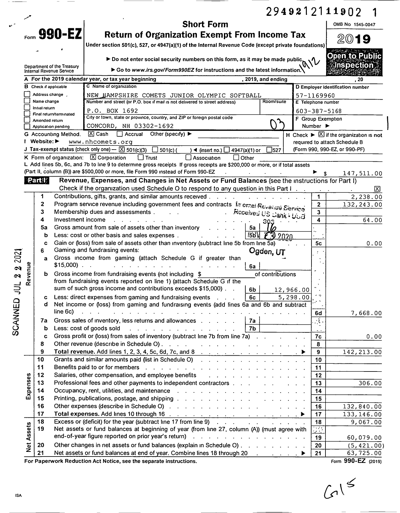 Image of first page of 2019 Form 990EZ for New Hampshire Comets Junior Olympic Softball