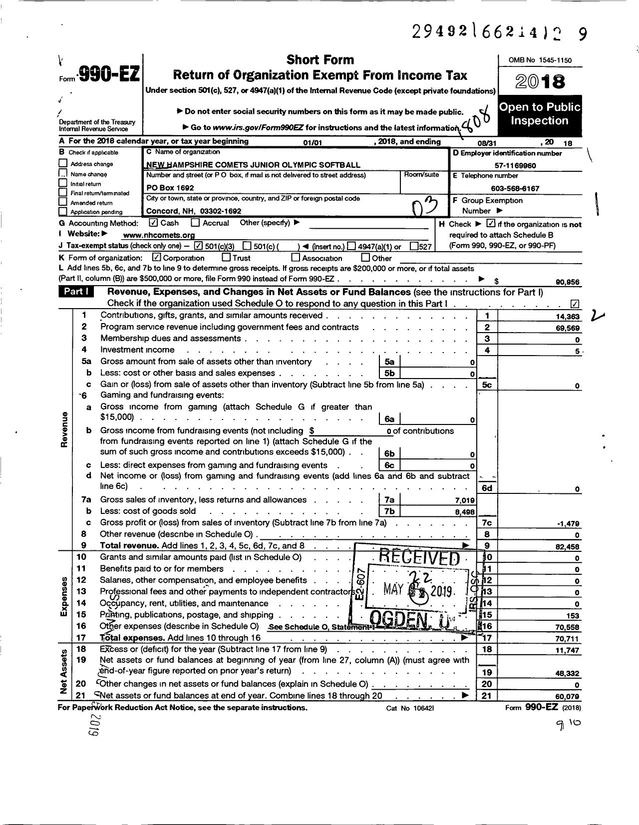 Image of first page of 2017 Form 990EZ for New Hampshire Comets Junior Olympic Softball