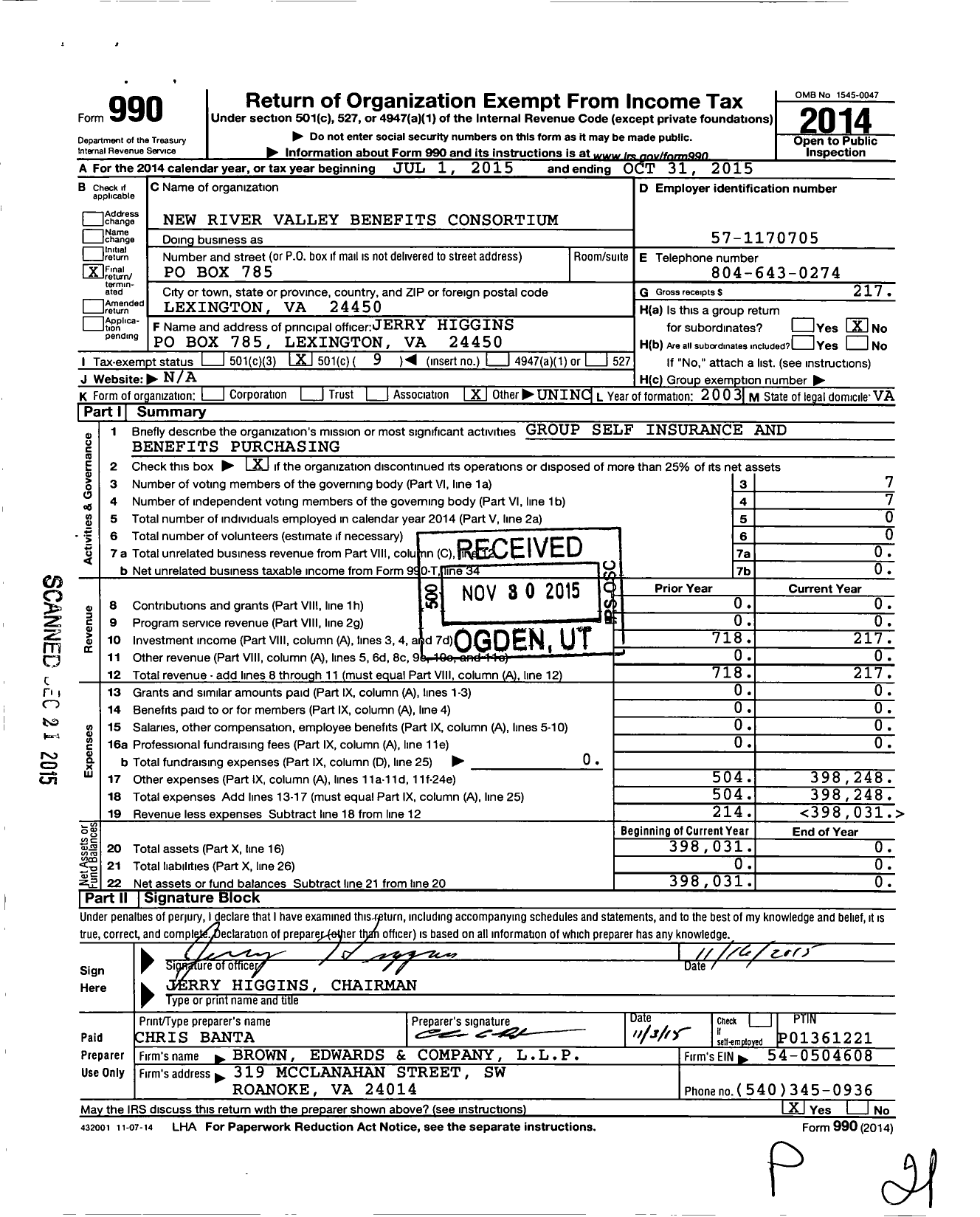 Image of first page of 2014 Form 990O for New River Valley Benefits Consortium