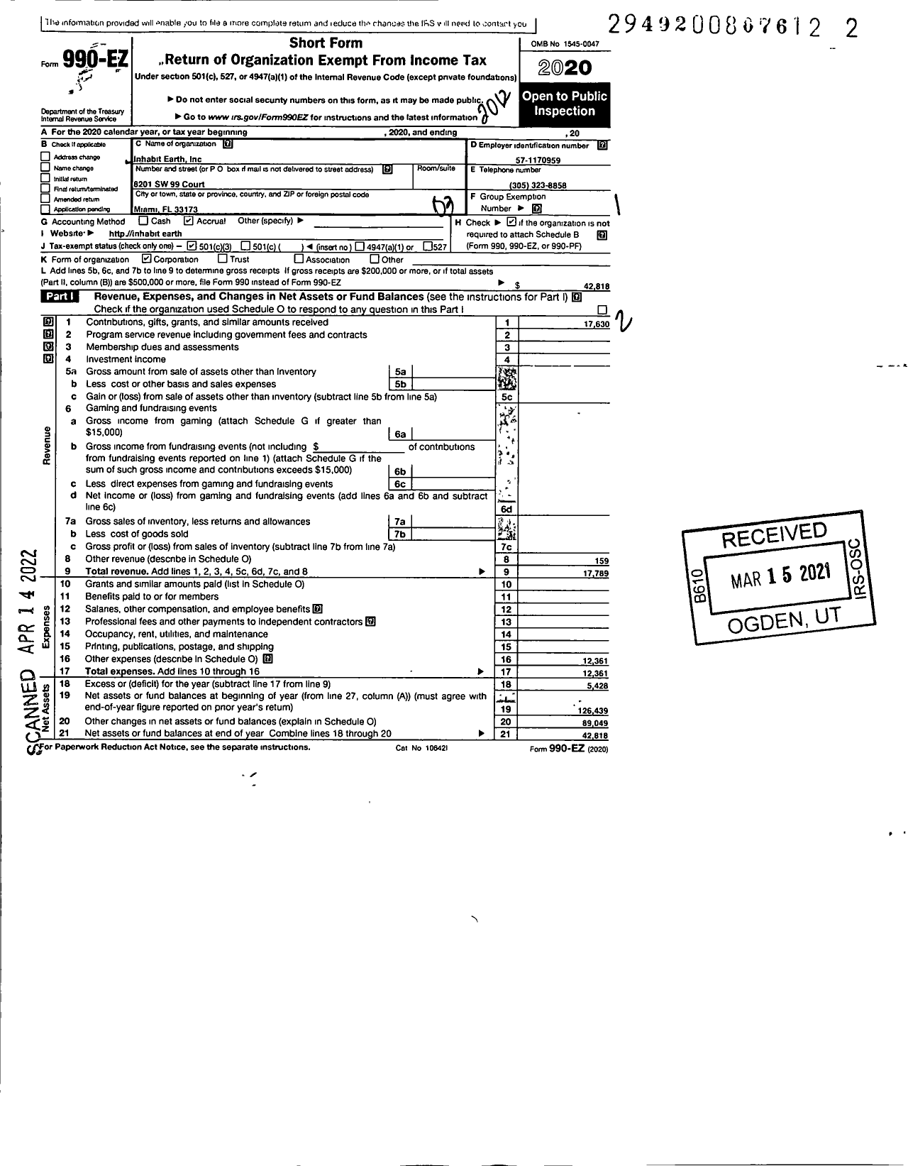 Image of first page of 2020 Form 990EZ for Inhabit Earth