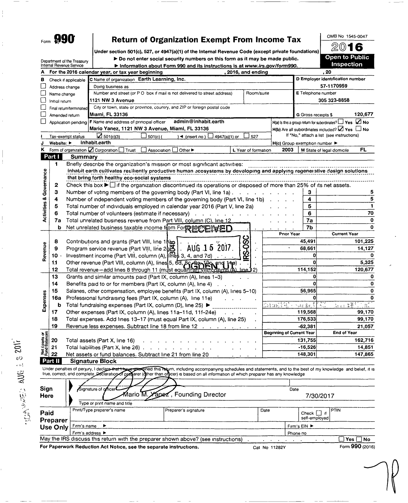 Image of first page of 2016 Form 990 for Inhabit Earth