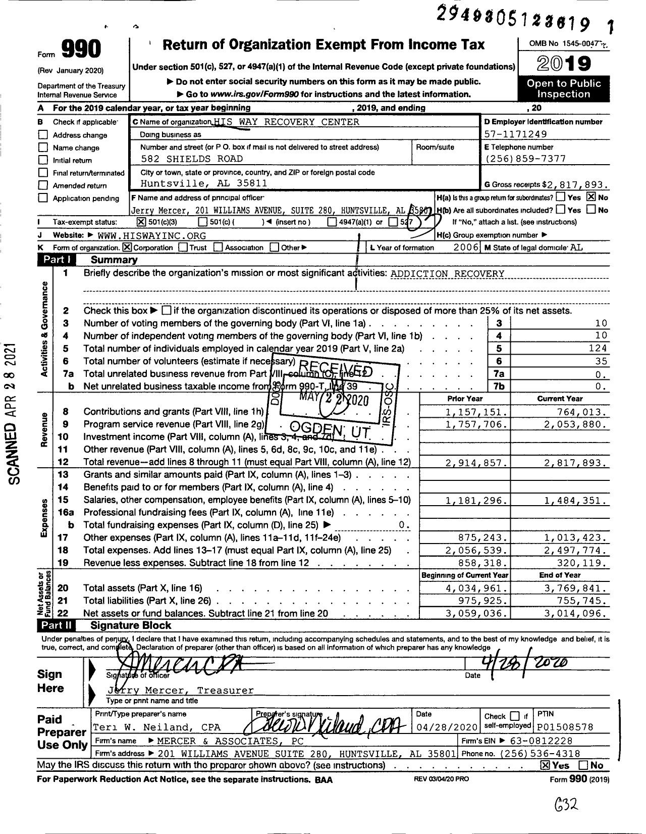 Image of first page of 2019 Form 990 for His Way Recovery Center