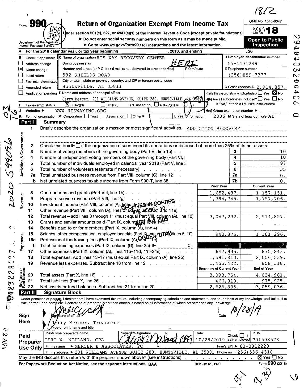 Image of first page of 2018 Form 990 for His Way Recovery Center