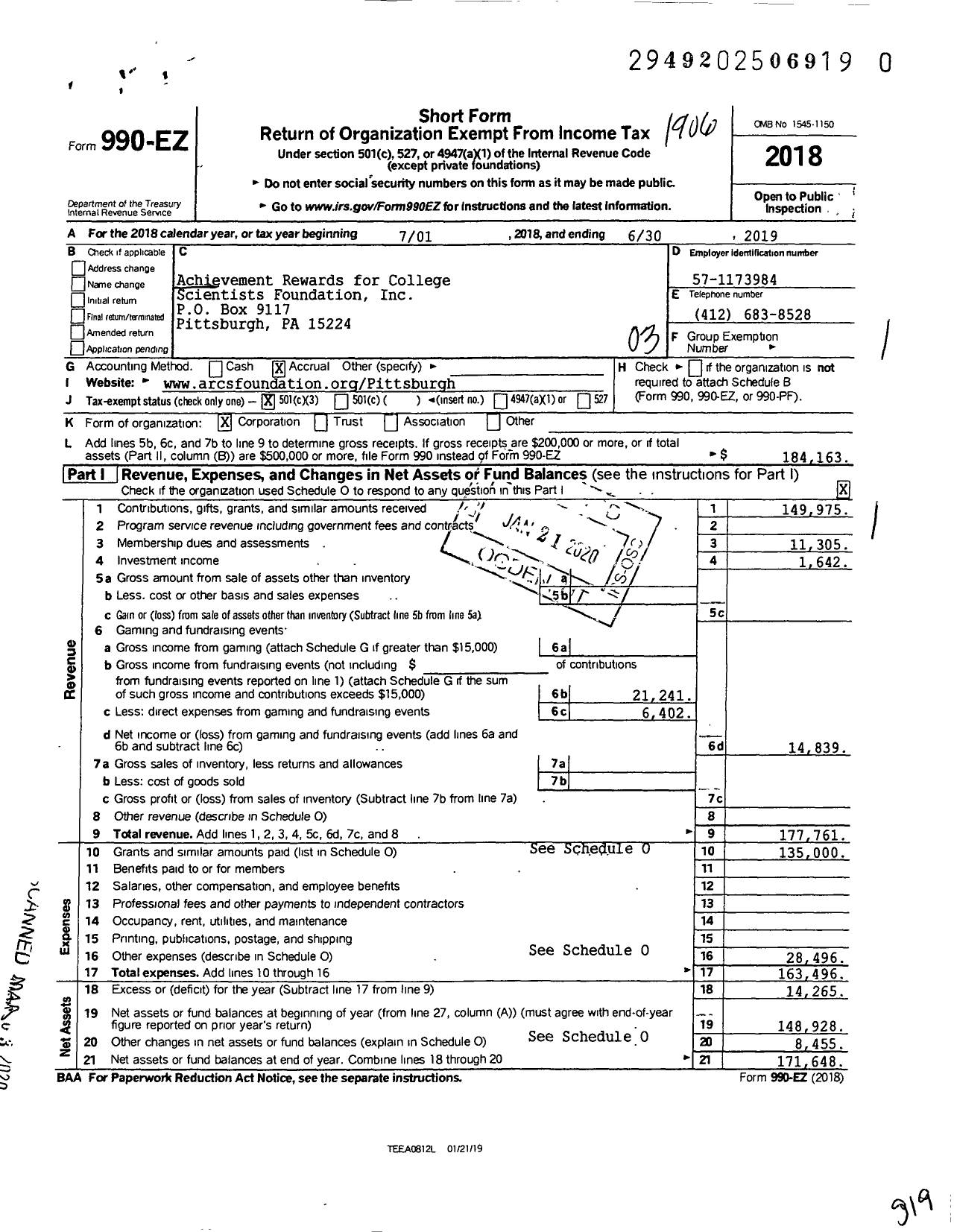 Image of first page of 2018 Form 990EZ for ACHIEVEMENT REWARDS for College Scientists Foundation / Pittsburgh Chapter