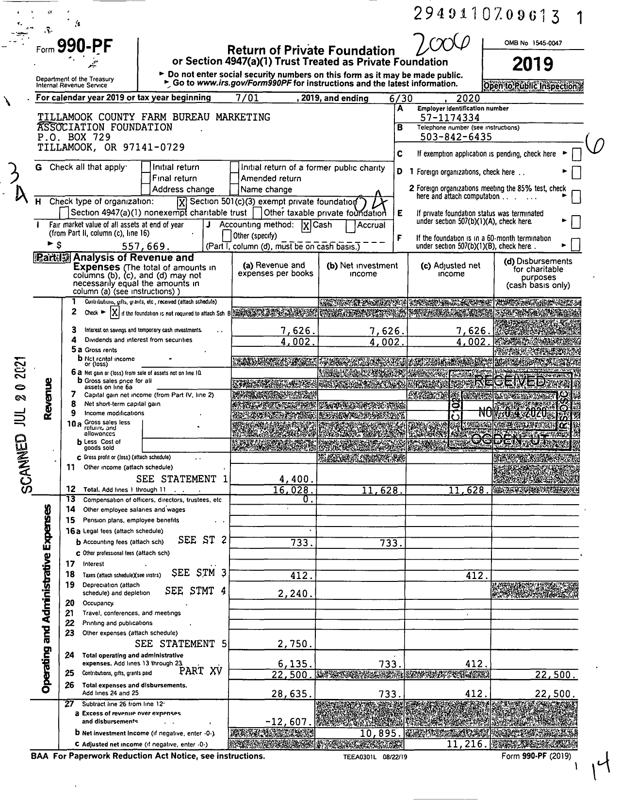 Image of first page of 2019 Form 990PF for Tillamook County Farm Bureau Marketing Association Foundation