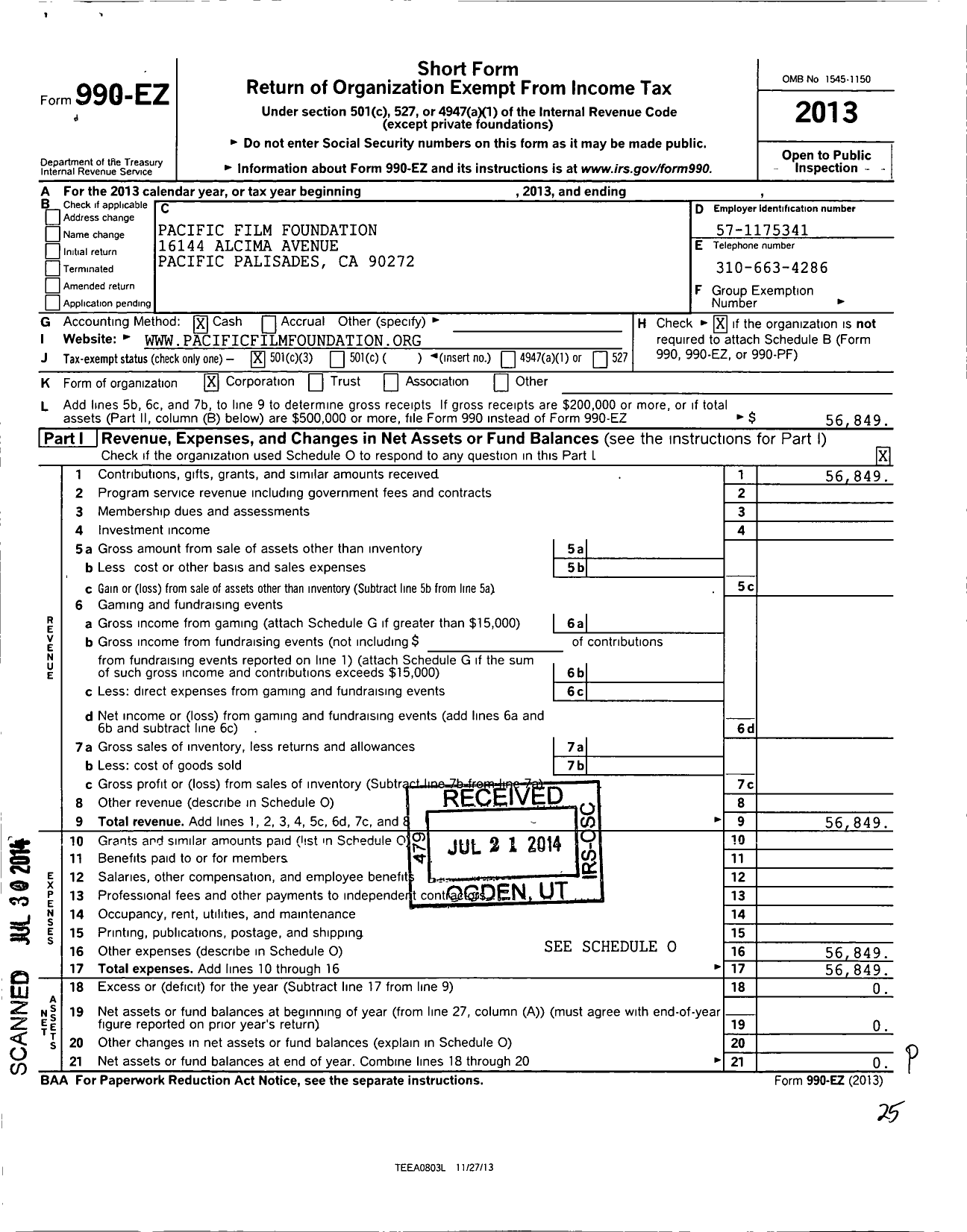 Image of first page of 2013 Form 990EZ for Pacific Film Foundation