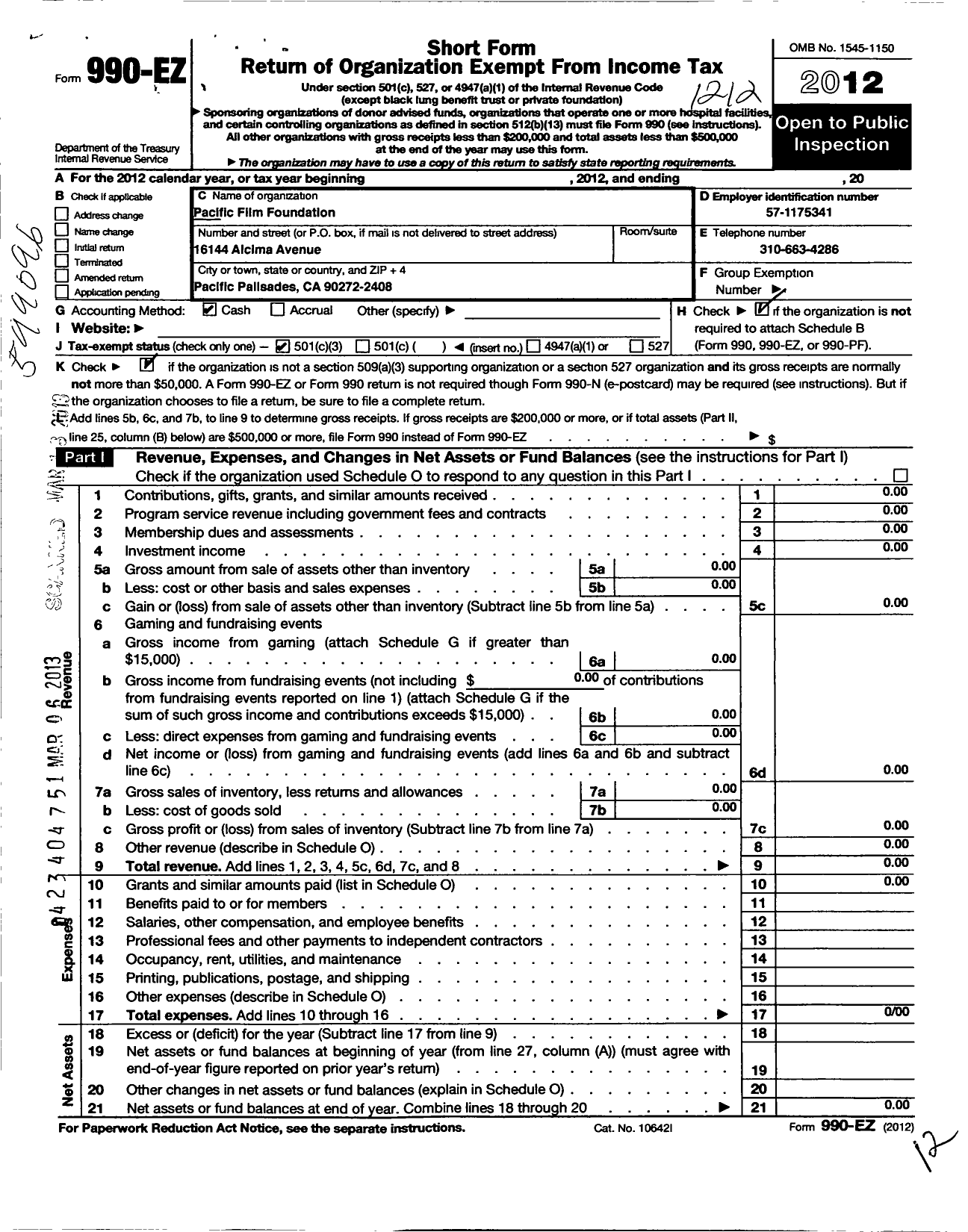 Image of first page of 2012 Form 990EZ for Pacific Film Foundation