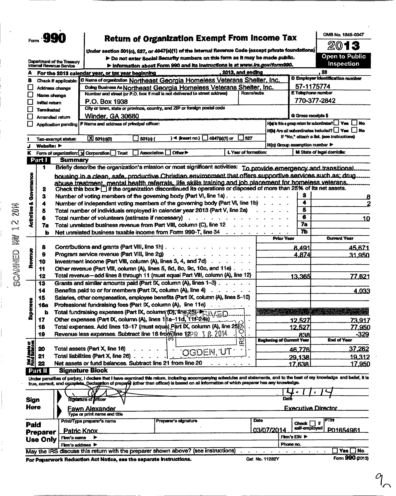 Image of first page of 2013 Form 990 for North East Georgia Homeless Veterans Shelter