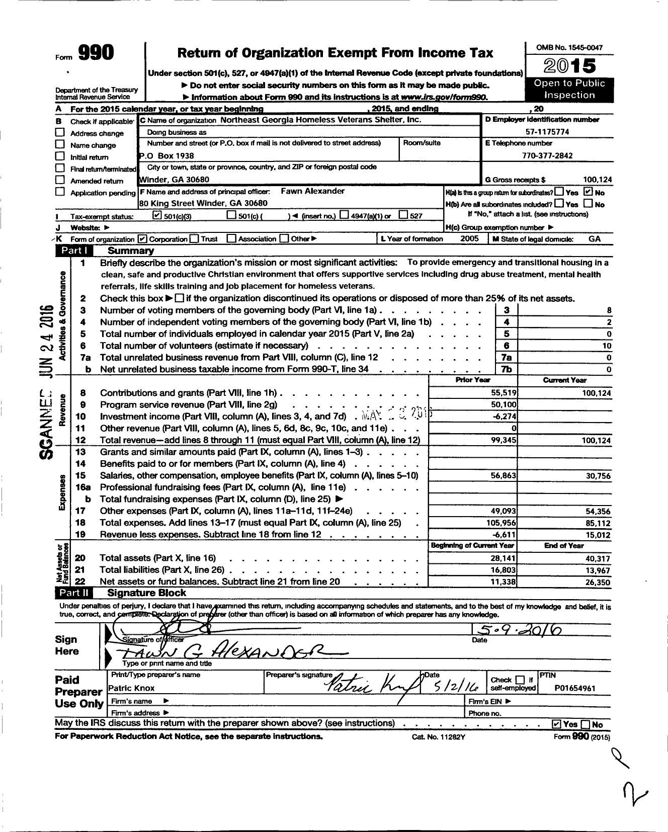 Image of first page of 2015 Form 990 for North East Georgia Homeless Veterans Shelter