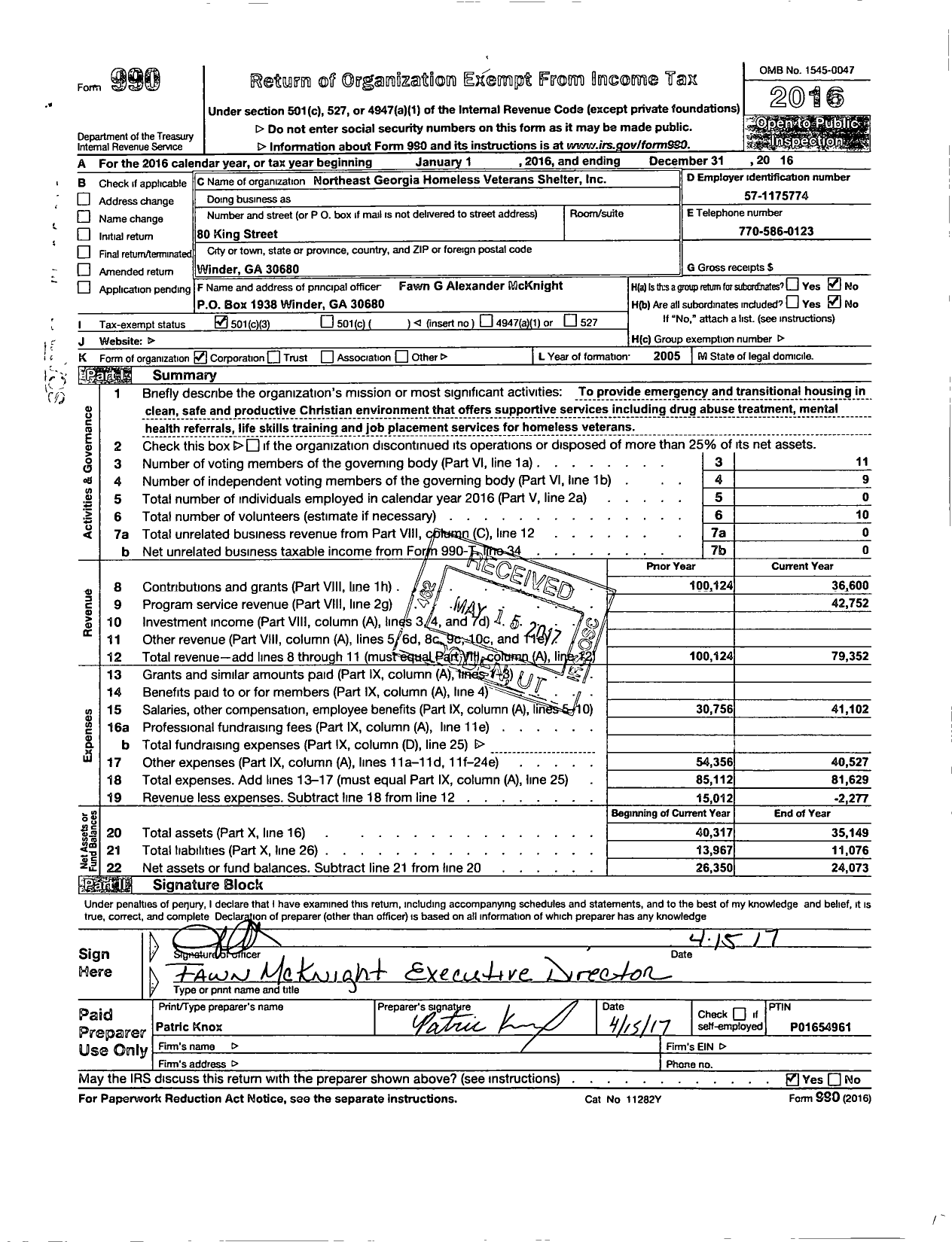 Image of first page of 2016 Form 990 for North East Georgia Homeless Veterans Shelter