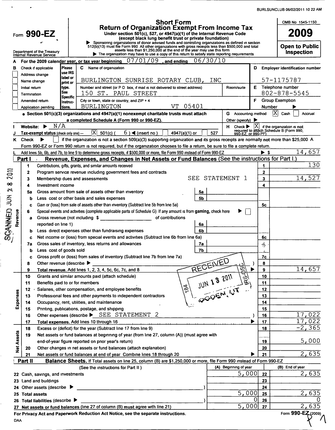 Image of first page of 2009 Form 990EO for Burlington Sunrise Rotary Club