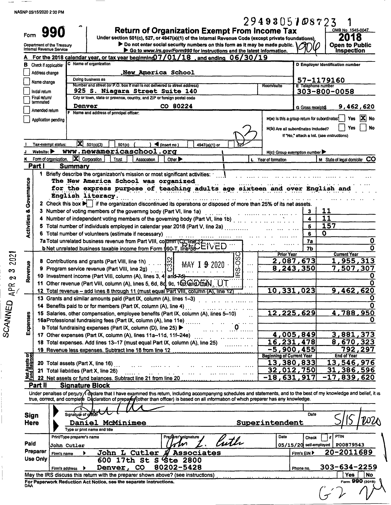 Image of first page of 2018 Form 990 for New America School (NAS)