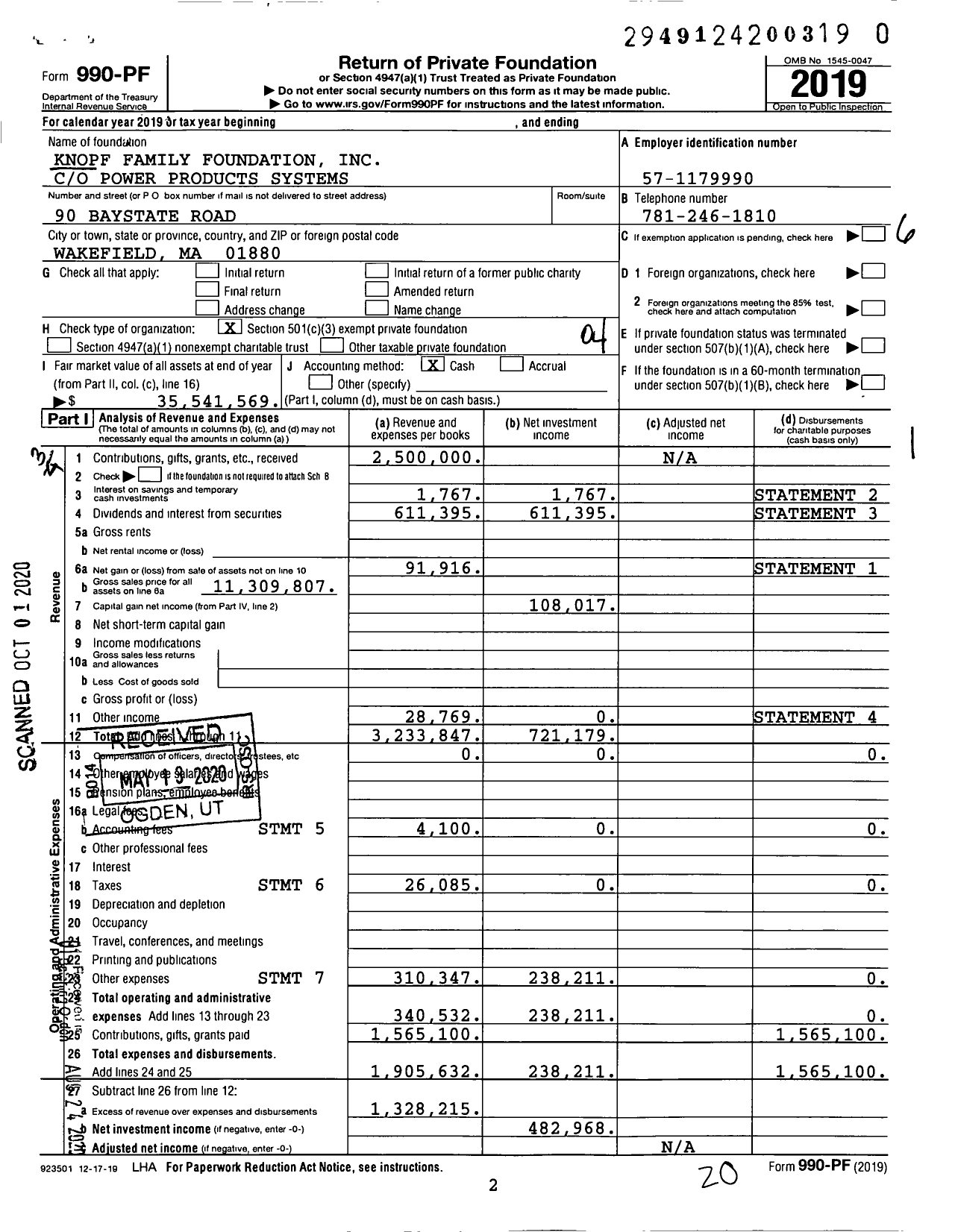 Image of first page of 2019 Form 990PR for Knopf Family Foundation