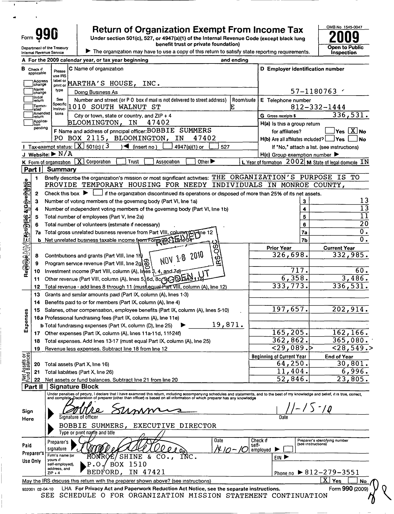 Image of first page of 2009 Form 990 for Marthas House